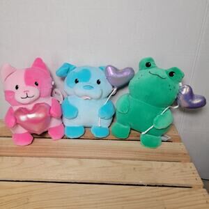 Set of 3 Bullseye Plushies w/ Hearts: Pink Cat, Blue Dog & Green Frog - NWT